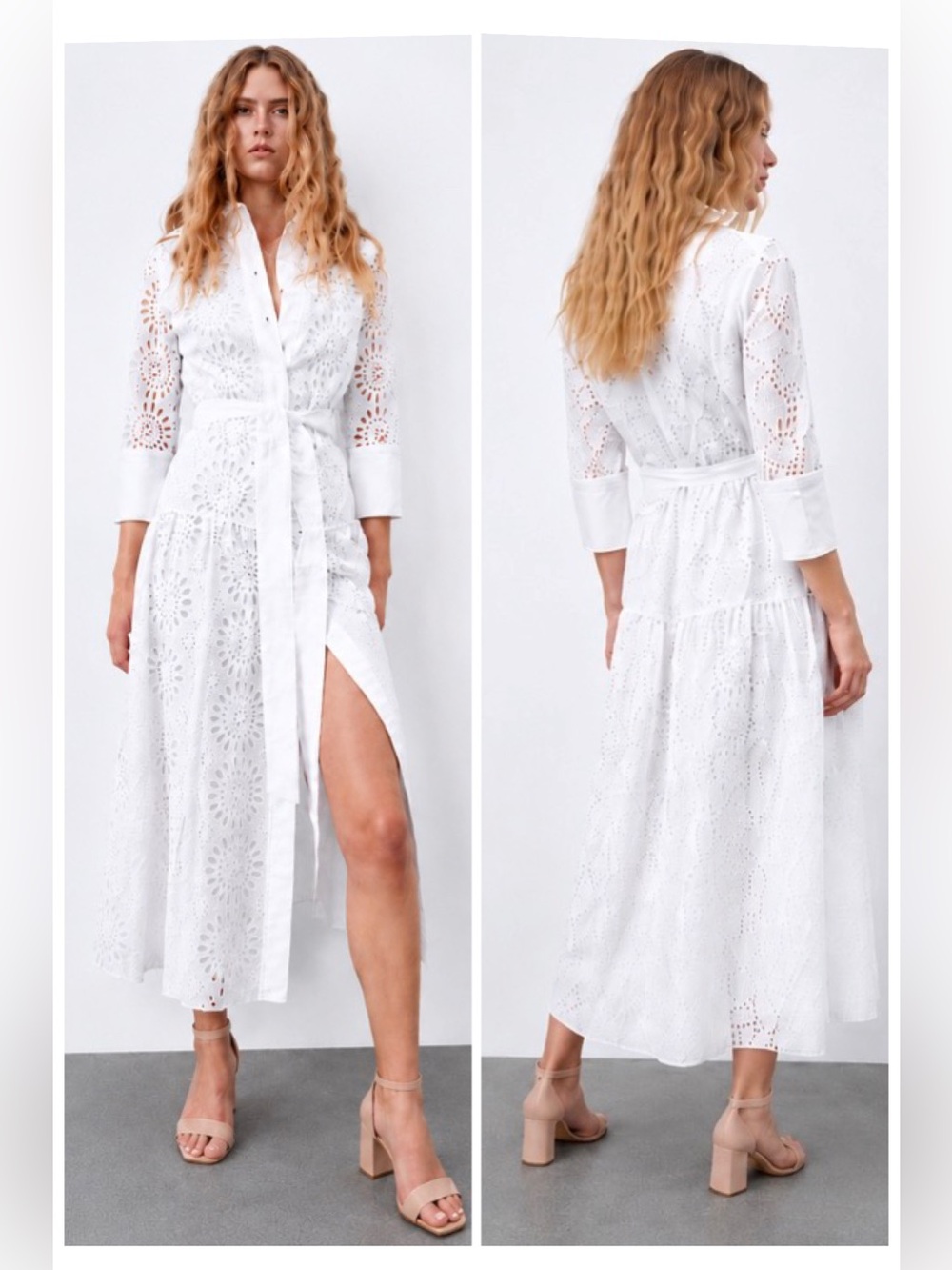 ZARA White Eyelet Shirt Maxi Dress with collar and belt Cotton NWT Medium